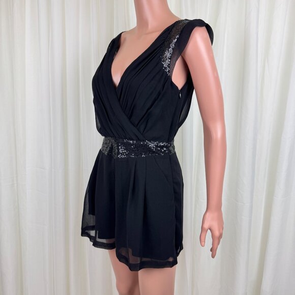 Women's TCEC Sequins Accent Ruched Shirred Chiffon Romper Size Medium Black - Picture 3 of 12